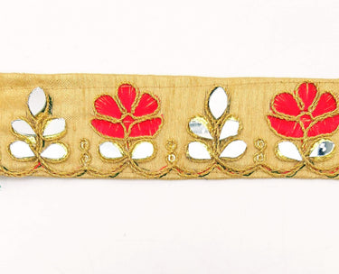 Beige Silk Trim With Mirrors Embellishments and Gold Embroidery, Approx. 38mm Wide, Decorative Trim Costume Trim Floral Trim By Yard